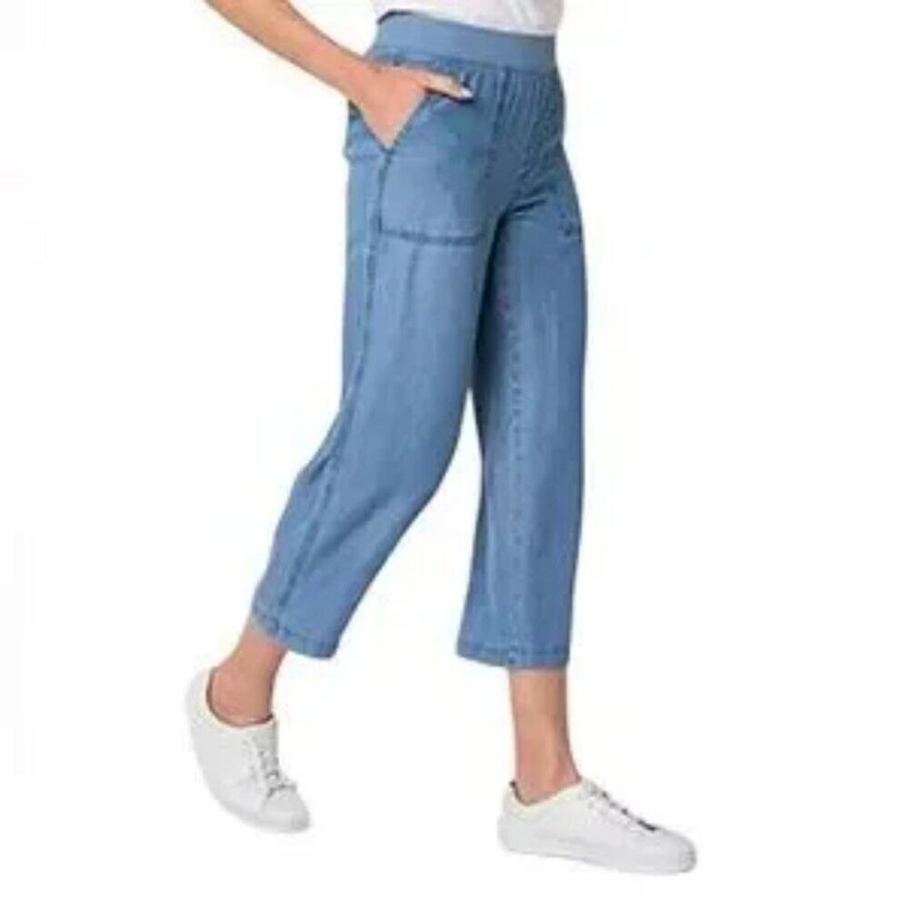 Pants L Denim Chambray Crop Capri Lightweight High Rise Pull On Relaxed Fit New